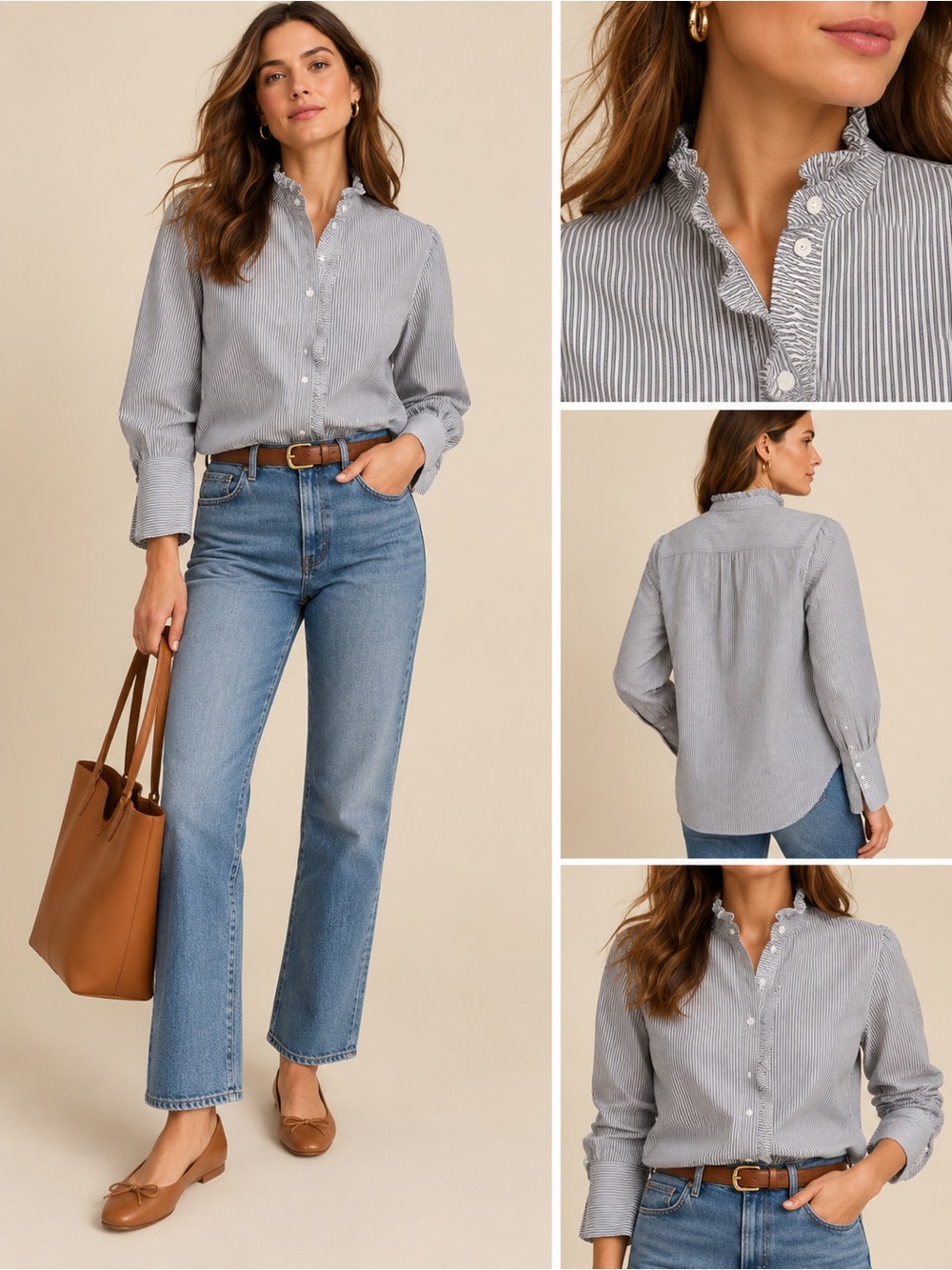 J. Crew Striped Ruffle-Collar Button-Down Blouse - Gray